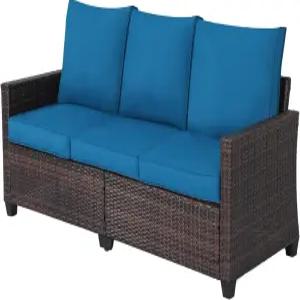 호페로라드 라탄 야외 소파 3인승 방수 블루 쿠션이 있는 PE 직조 파티오 정원용 튼튼한 스틸 프레임