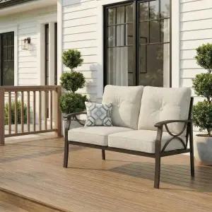 로얄크래프트 파티오 러브시트 전천후 야외 2인승 소파 베이지 쿠션이 있는 카키 메탈 가구