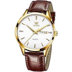 [미국배송] 남성용 OLEVS 시계 브라운 가죽 골드 케이스 아날로그 쿼츠 패션 비즈니스 드레스 시계 데이 데이 야광 방수 캐주얼 남성 손목 시계