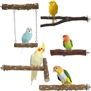 하이페티 내추럴 우드 버드 퍼치 5PCS 케이지 앵무새 걸이 스윙 포크 작은 새를 위한 씹는 장난감 설치하기