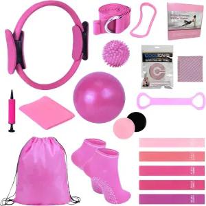 여성용 필라테스 키트 17-in-1 14인치 링과 볼이 포함된 홈 운동 세트 저항 밴드 스트레치 스트랩 요가 링