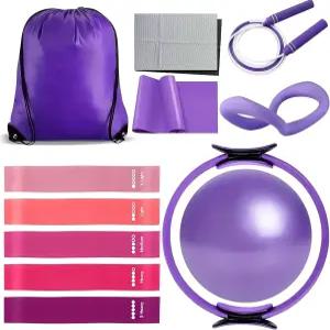 여성용 GQIRIL 필라테스 장비 세트 - 10인치 볼 매직 서클 요가 링 저항 밴드 홈 운동 초보자 필수품을
