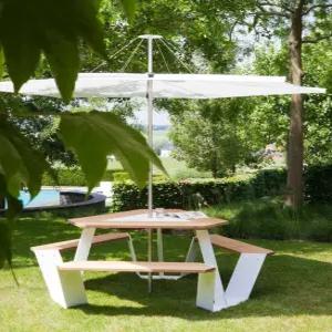 북유럽 파라솔 일체형 야외 테이블 벤치 의자 세트 티크 원목 스테인리스 철제 6인 감성