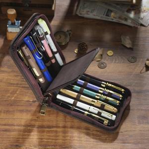 12 펜 만년필 케이스 빈티지 가죽 롤러 볼펜 홀더 가방 대용량 지퍼  파우치 편지지