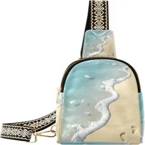 여성용 크로스바디 슬링백 해변 모래 발자국 오션 가죽 가슴 가방 여행용 백팩