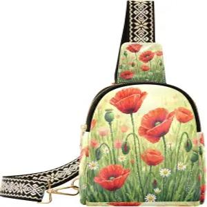 여성용 크로스바디 슬링백 봄 여름 레드 플라워 가죽 가슴 가방 여행용 백팩