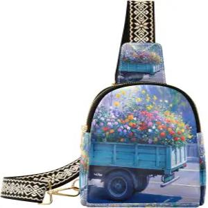 여성용 크로스바디 슬링백 봄 트렁크 블루 필 플라워 가죽 가슴 가방 백팩 여행용