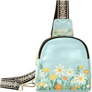 여성용 크로스바디 슬링백 봄 여름 초원 야생화 가죽 가슴 가방 여행용 백팩