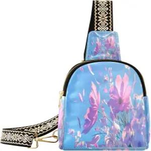 여성용 크로스바디 슬링백 여행용 퍼플 플라워 여름 야생화 가죽 가슴 가방 백팩