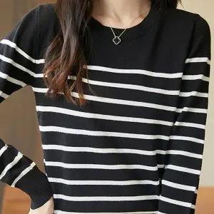 여자 라운드넥 스트라이프 니트 긴팔 티셔츠