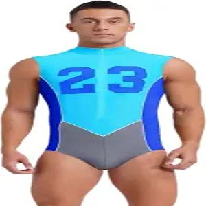 프리빌리 남성 원피스 민소매 바디수트 레슬링 싱글츠 레오타드 수영복 스포츠웨어 블루 그레이 4X-대형