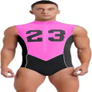 프리빌리 남성 원피스 민소매 바디수트 레슬링 싱글츠 레오타드 수영복 스포츠웨어 핫핑크 블랙 라지