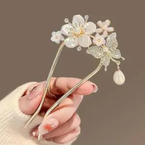 예쁜 U자형 비녀 꽃나비 진주 헤어핀 여친선물 U자형비녀 비녀핀 헤어비녀