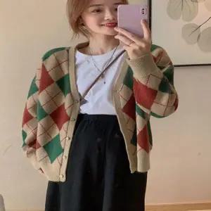 여자 2컬러 봄 가을 유니크 컬러믹스 아가일 가디건 니트가디건 봄자켓 여성 크롭가디건 라운드니트