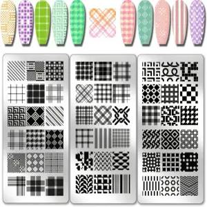 PH PandaHall 3pcs 클래식 격자무늬 네일 스탬프 플레이트 타탄 아트 스텐실 스테인리스 스틸 이미지