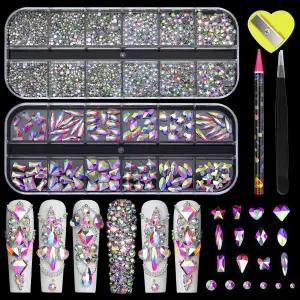 크리스탈 앱 네일 라인스톤 - 12가지 다양한 모양의 다이아몬드와 크기의 플랫백 원형 젬 스톤 매니큐어