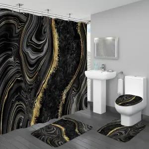 러그가 4PCS 블랙 골드 샤워 커튼 세트 추상 욕실 장 변기 뚜껑 커버가