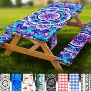 벤치 커버가 있는 피크닉 테이블 비닐 방수 탄성 가장자리가 장착된 직사각형 파티오 테이블보 캠핑 장비