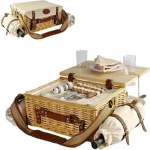 피크닉 테이블과 담요가 있는 성인 2인용 다기능 위커 바구니 세트 와인 파우치가 대형 단열 캠핑 야외