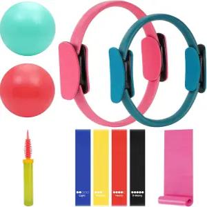 WOCUME 필라테스 링 피트니스 서클 세트 여성용 듀얼 패딩 핸들 가정용 장비 2개 미니볼 홈 운동 저항 밴드