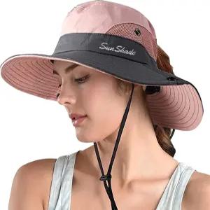 ZOORON 여성용 포니테일 사파리 선햇 와이드 브림 자외선 차단 야외 버킷햇 접이식 비치 여름 낚시 모자