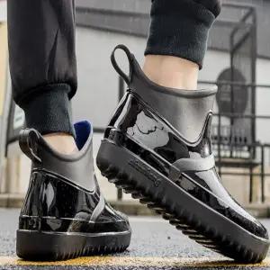 남성 둥근 앞코 유광 레인부츠 앵클부츠 방수 숏장화 Hrh8+2SjY