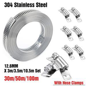 304 스테인레스 스틸 호스 클램프 세트 30/50m 금속 스트랩 패스너 웜 기어 클립 조절 가능한 파이프 자동차 기계용