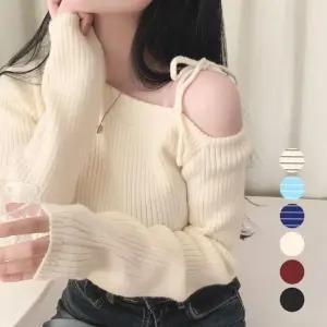 [옷자락]여자 트렌디 오프숄더 여리핏 골지 니트 상의