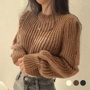 [옷자락]여자 루즈핏 크롭 벌룬소매 라운드 니트 스웨터