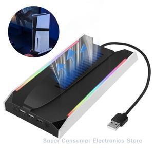 PS5 Slim/PS5 Pro 수직 냉각 스탠드 베이스 RGB VR 헤드셋 컨트롤러 충전기 도킹 스테이션(PS5용 3단 팬 포