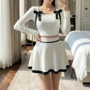 [옷자락]여성 골지 스퀘어넥 리본 크롭 니트 원피스 세트