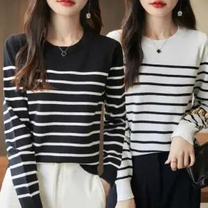 [옷자락]여자 데일리 스트라이프 라운드넥 니트 긴팔 티셔츠