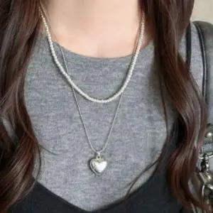 [하프클럽/]여성용 레이어드 하트 진주 목걸이 데일리 스타일