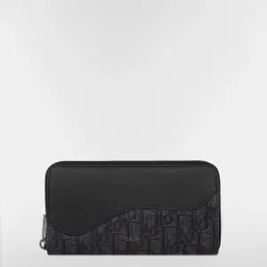 Saddle 지퍼 장지갑 - 블랙 그레인 송아지 가죽 마르퀘트리  블랙 Dior Oblique
