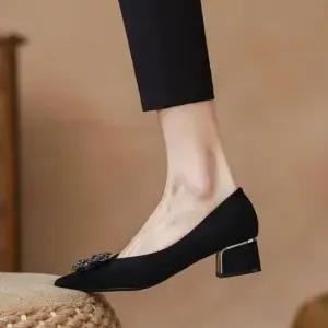 여성구두5cm 스퀘어보석장식 스웨이드 여성구두 펌프스 통굽
