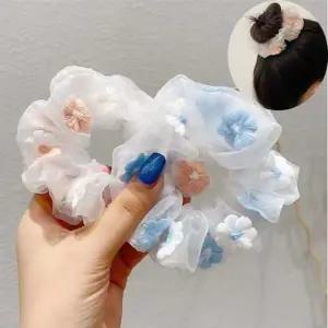 [셀러에이드]T0417 꽃자수 헤어끈 플라워 헤어밴드 머리끈 쉬폰 머