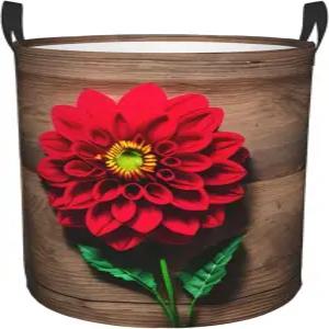 나무 보드 레트로 플라워 레드 달리아 프린트 더러운 세탁 바구니 접이식 둥근 토트백 홈 데코 쉬운 컬렉션