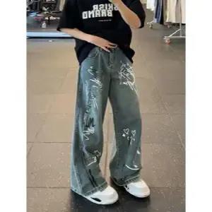 아이언하트 청 팬츠 남사친 남성용 힙합 배기핏 그래피티 프린트 와이드 KKE1