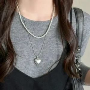 여자 데이트룩 데일리 진주 하트 레이어드 목걸이