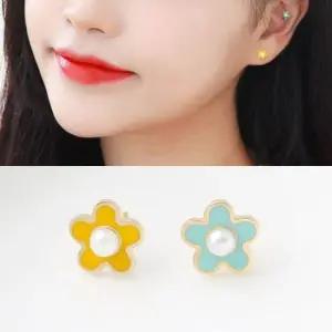귓볼피어싱 진주 컬러 플라워 기본 골드 금 피어싱 14K