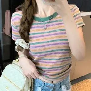 ( )여성 여름 스트라이프 세미 크롭 반팔 줄무늬 티셔츠