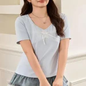 여성 여름 스탠다드 파스텔 브이넥 리본 반팔티셔츠