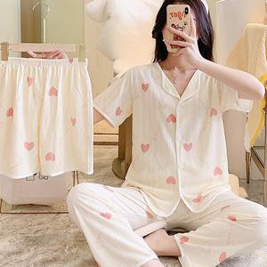 쉬블림로브 3피스(반팔+반바지+긴바지) 여성 홈웨어 하트 패턴 잠옷 세트 GGWD0497