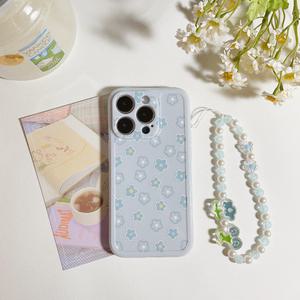 최신 귀여운 아이폰 케이스 하늘색 꽃 스트랩 TPU / 핸드폰 11 12 13 14 미니 프로 플