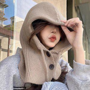 단추 후드 바라클라바 니트 넥워머 겨울 방한 페이크 모자