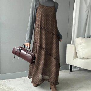 체크 쉬폰 뷔스티에 원피스 레이어드 롱원피스