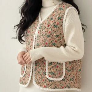 클래식 데일리 플라워 양털 기모 로프 조끼 트렌디 보온 방한 수면조끼 이너웨어 베스