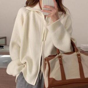 J2K 니트 집업가디건 골지 지퍼 하이넥 카라 여자 가을
