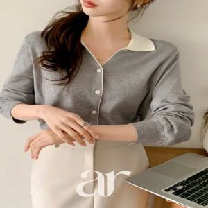 (셔츠무드/부드러운착용감) 아르니 배색 카라 니트 가디건 cd3618