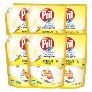 프릴 고농축 주방세제 베이킹소다 리필 레몬, 1L, 6개